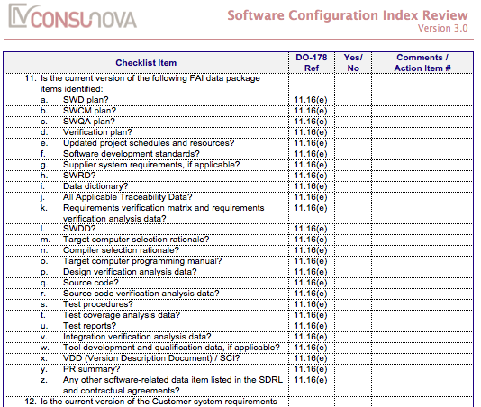 DO-178 Configuration Index Checklist (SCI)
